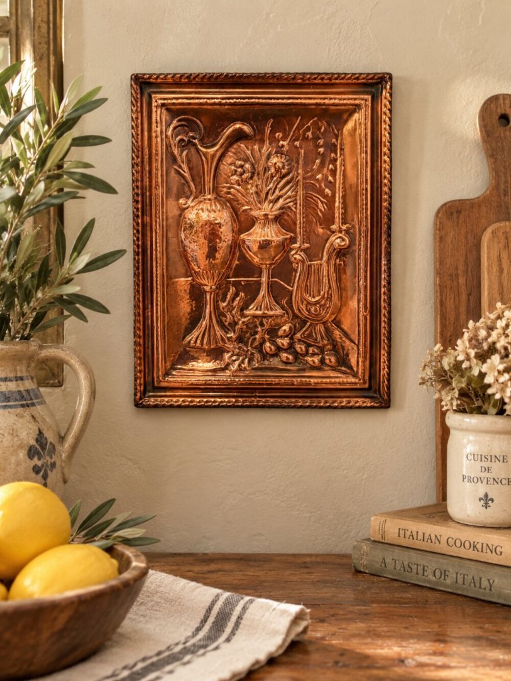 Vintage Made in Italy Copper Relief Wall Plaque Still Life Lyre Vases 9” x 11.7